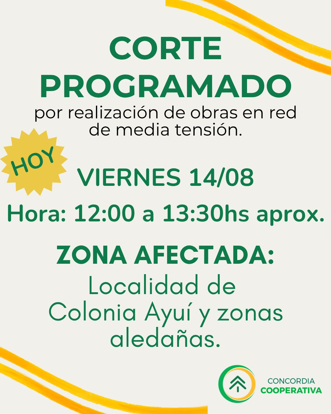 Corte programado de energía afectará a Colonia Ayuí y zonas aledañas