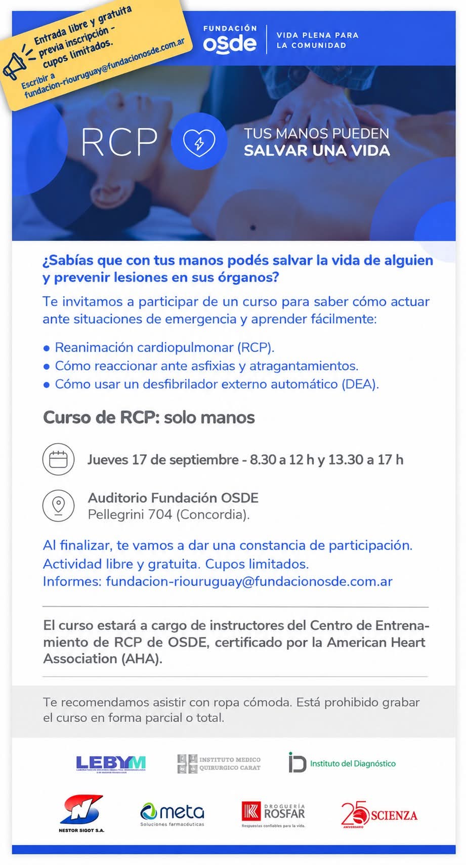 Curso gratuito de RCP en Concordia: habrá dos opciones de horario