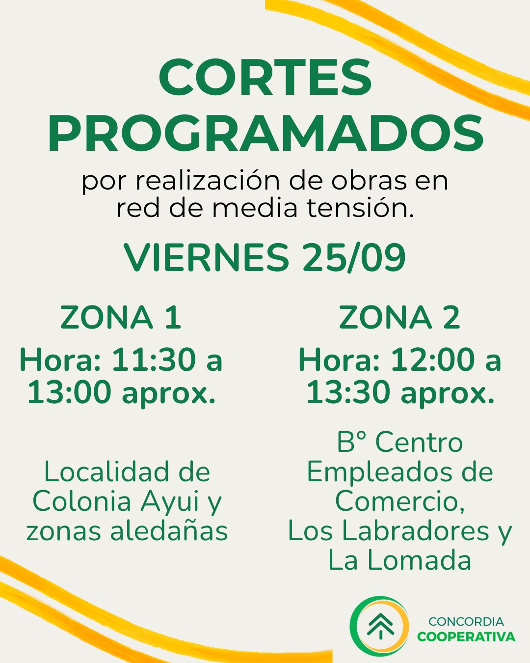 Cortes de suministro eléctrico programados para este viernes en Concordia